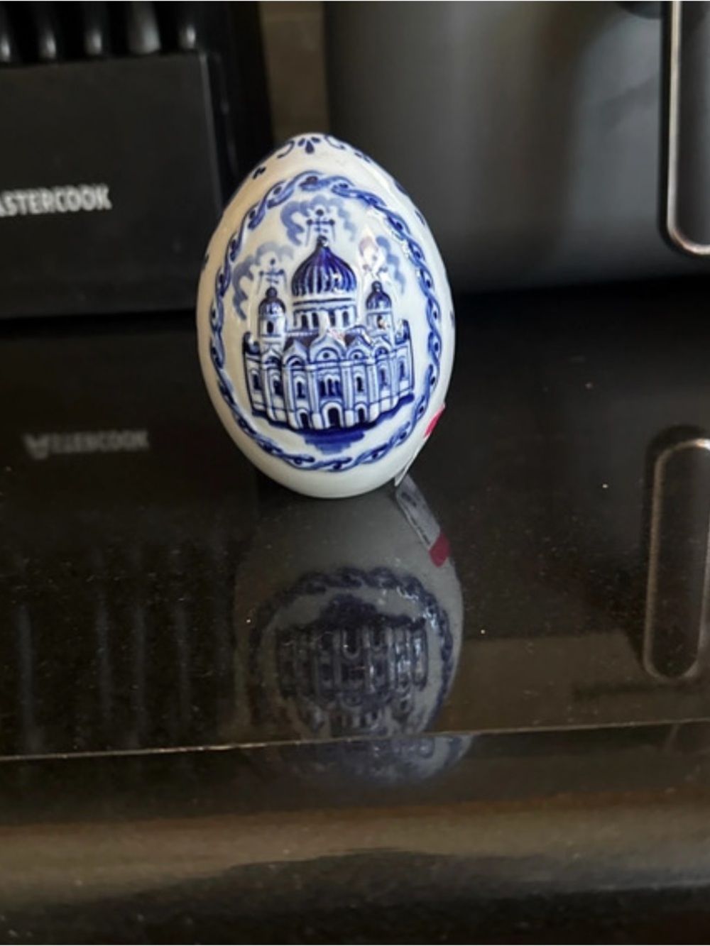 Unk Blue and White Porcelain Egg Figurine with Architectural Motif